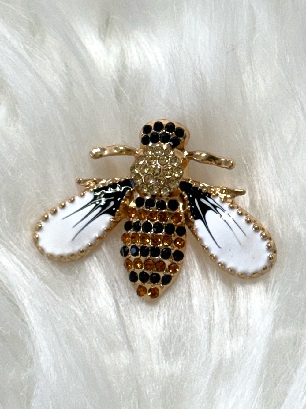 Gold Tone Bee Brooch with White and Black Enamel Wings & Rhinestones New
